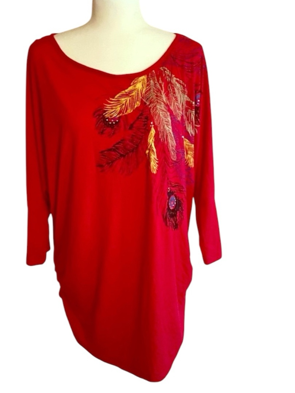 Faded Glory Red Blouse With Feather Print